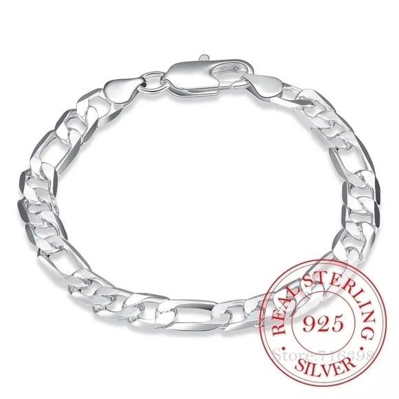 NEW Unisex Silver Figaro Chain‎ Bracelet 925 Sterling Silver Bangle - Picture 1 of 12